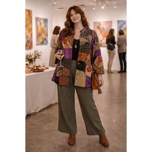 Boho Patchwork Tapestry Purple Floral Paisley Velvet Embroidered Artsy 2X Coat